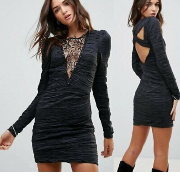 Free People Deep V-Neck Ruched Black Bodycon Long Sleeve Dress - Picture 2 of 7